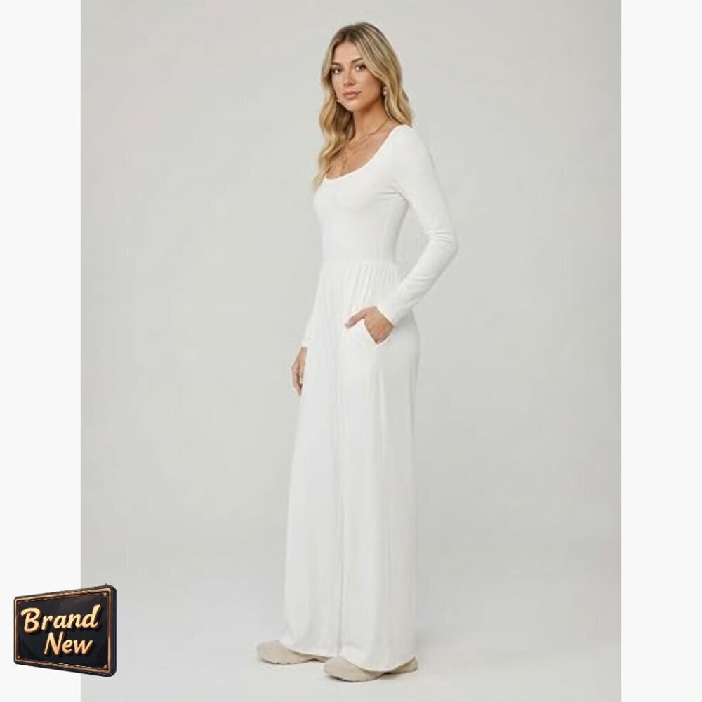 Long Sleeve Square Neck Jumpsuit with Pockets, Wide Leg, Medium - Picture 2 of 6